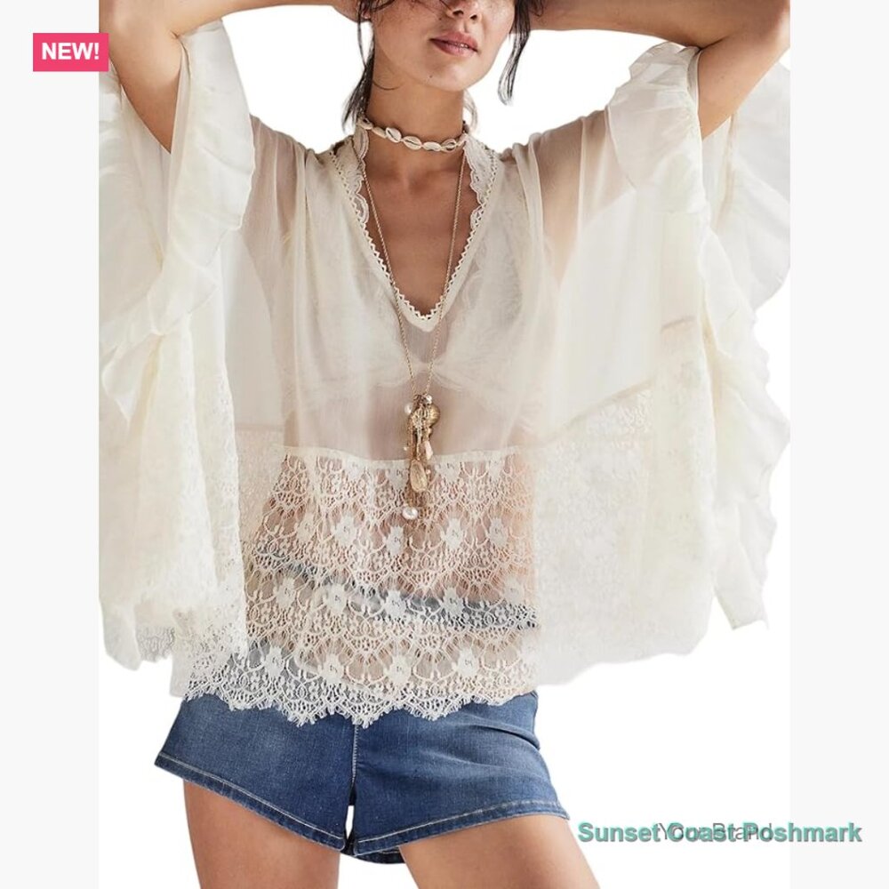 Sheer Poncho Top Batwing Sleeve V Neck Lace Ruffle Blouse